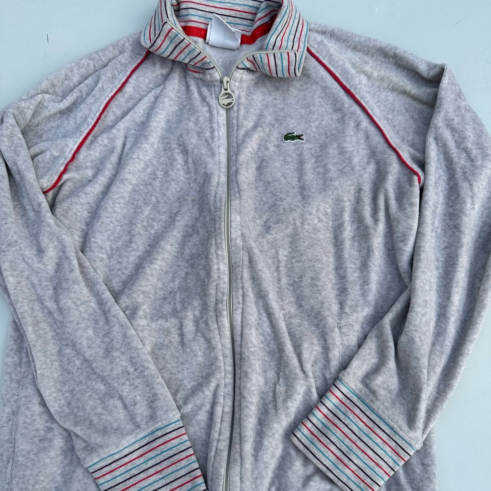 Lacoste Zip-Up Jacket – Gray with Red/Blue Stripe Trim